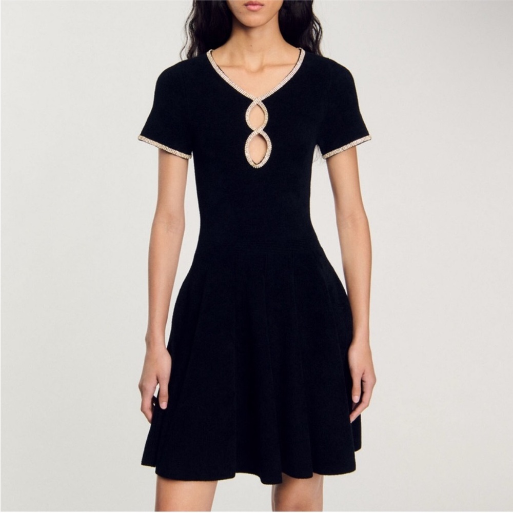 Sandro Black Mini Dress with Double Keyhole and Trim